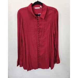 Soft Surroundings Blouse XL Red Rayon Poet Ruffle Cuff Button Front Tunic Top